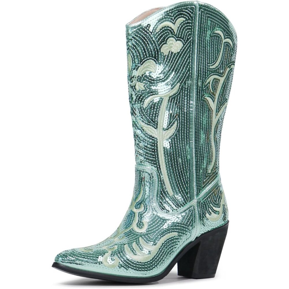 ⚡Women's Green Sequin Mid Calf Western Cowboy Boots Wide Calf High Fashion